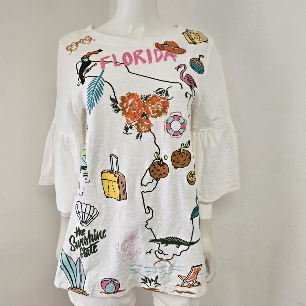 Avani Del Amour Top Shirt Embroidered Florida Flared Sleeve Size S NWT ***Spot